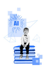 Poster - Composite zine pop trend collage of happy schoolboy sit book stack artificial intelligence app innovation cyber courses literature