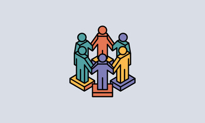 Poster - Diverse People Connect in Unity, Illustrating Teamwork Concept with Geometric Figures on Platforms, Isolated with Copy Space.