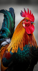 Poster - Close-up of rooster, vibrant orange, red, teal, and black feathers.  Shows intricate detail and texture of plumage. Represents nature, wildlife, and avian beauty