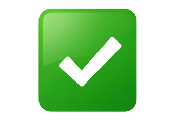 Poster - A green square button with a white check mark indicates approval and positive selection isolated on transparent background
