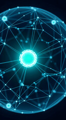 Poster - Abstract image of glowing cyan sphere, interconnected nodes forming network, symbolizes connection, technology, innovation, digital world, futuristic concept