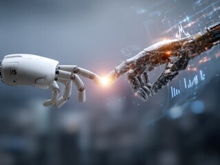 Poster - Futuristic robotic hands touching each other depicting advanced technology
