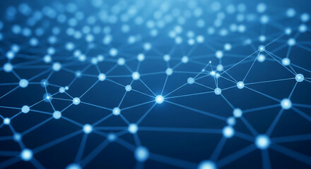 Poster - Abstract blue network graphic, glowing nodes connected by lines, symbolizing connection, communication, technology, and global network