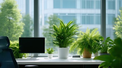 Poster - Minimalist Office Workspace with Green Plants and Natural Light through Large Windows