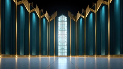 Poster - Elegant and Modern Empty Hall with Decorative Columns and Glowing Windows in a Luxurious Setting