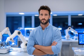 Poster - Confident Young Professional in Modern Laboratory with Robotics and Advanced Technology in Background