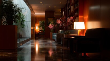 Poster - Elegant hallway with modern furniture and soft lighting in a contemporary hotel during the evening