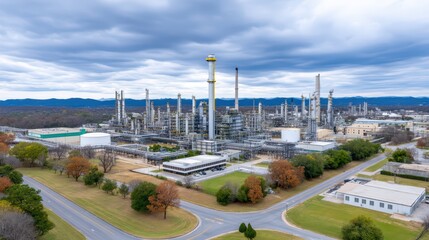 Poster - Industrial Complex with Large Structures and Towers Under Overcast Sky in Rural Landscape