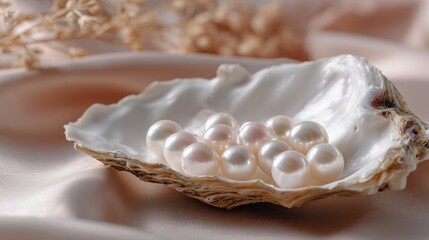 Poster - Beautiful pearls resting on a natural shell with a soft fabric background in a serene setting