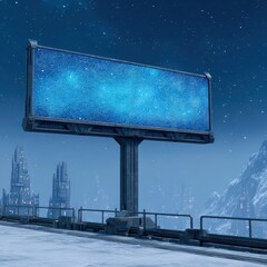 Poster - Futuristic Digital Billboards Displaying Bright Blue Sky with Stars in a Sci-Fi Cityscape
