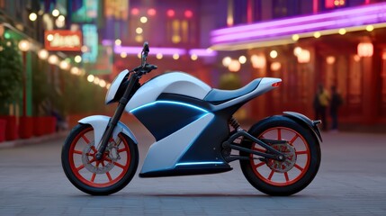 Poster - Futuristic Electric Motorcycle in Urban Street at Night with Neon Lights and Colorful Background