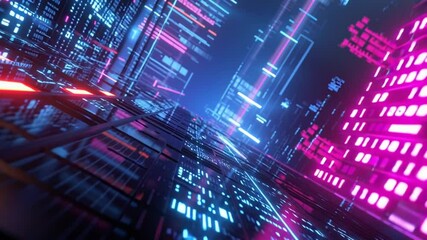 Poster - Futuristic Cityscape Illuminated by Neon Lights at Night Generative AI
