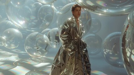 Poster - Person in Reflective Coat Surrounded by Bubbles in Bright Space Generative AI