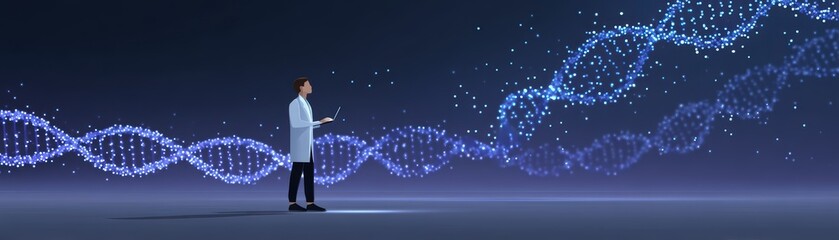 Poster - Scientist Analyzing DNA Sequence with Laptop in Futuristic Laboratory Environment with Digital Effects