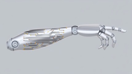 Poster - Futuristic robotic hand with intricate circuit designs and metallic finish on a smooth gray background