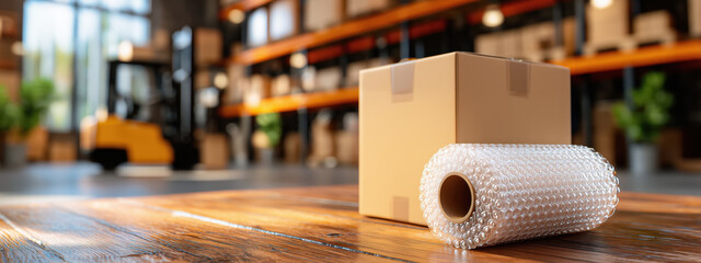 Poster - A Detailed View of a Brown Box with a Roll of Bubble Wrap in a Modern Warehouse Environment with Shelves and Forklift in the Background