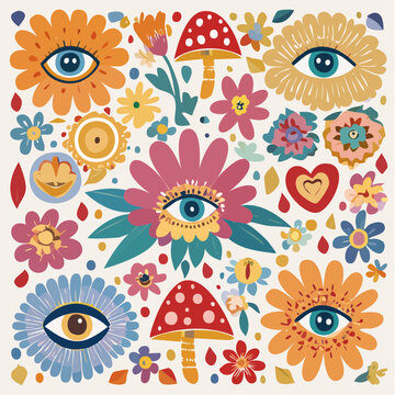 Set of colorful groovy posters in 70s and 60s hippy art style. Psychedelic flowers, emoji, mushrooms, eyes and positive phrases illustrations for prints and cards. Vintage nostalgia vector postcards