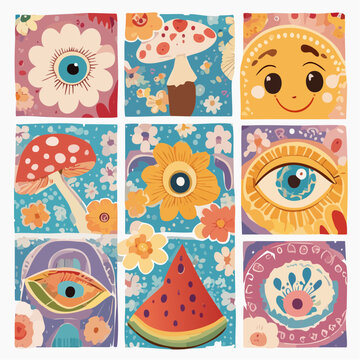 Set of colorful groovy posters in 70s and 60s hippy art style. Psychedelic flowers, emoji, mushrooms, eyes and positive phrases illustrations for prints and cards. Vintage nostalgia vector postcards