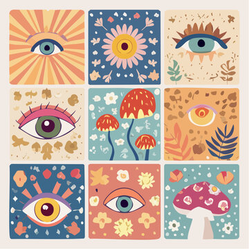 Set of colorful groovy posters in 70s and 60s hippy art style. Psychedelic flowers, emoji, mushrooms, eyes and positive phrases illustrations for prints and cards. Vintage nostalgia vector postcards