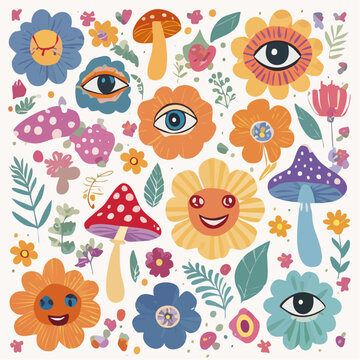 Set of colorful groovy posters in 70s and 60s hippy art style. Psychedelic flowers, emoji, mushrooms, eyes and positive phrases illustrations for prints and cards. Vintage nostalgia vector postcards