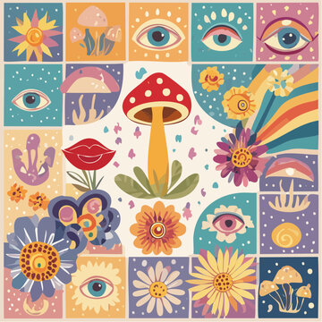 Set of colorful groovy posters in 70s and 60s hippy art style. Psychedelic flowers, emoji, mushrooms, eyes and positive phrases illustrations for prints and cards. Vintage nostalgia vector postcards