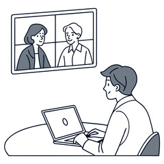 Poster - A man attends a virtual meeting on his laptop with two people on the screen in a video conference call