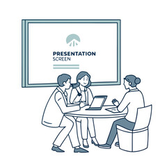 Poster - People at a round table discussing a presentation displayed on a screen in a business meeting room