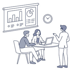 Poster - Business meeting with presentation of charts and graphs and clock on the wall with three people present