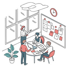 - Illustration of a team meeting around a table in an office with a whiteboard and a plant indoors