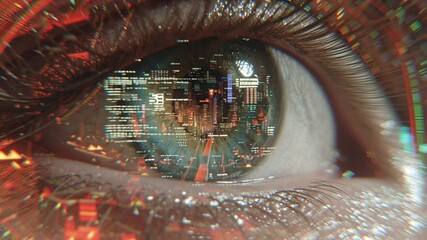 Poster - Eye Reflecting a Vibrant Cityscape With Digital Elements Generative AI