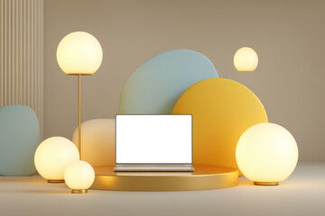 Aufkleber - Laptop blank screen modern workspace yellow blue round shapes lamp minimal conceptual calm soft light creative