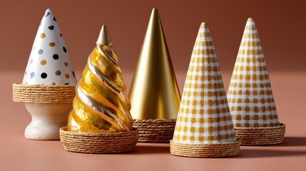 Multiple colorful cones arranged in a neat row on a white table under bright lighting.