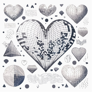 Vector set of retro futuristic shapes, icons and grids in black color. Geometric wireframe elements, 3d hearts and abstract waves. Trendy y2k rave design. Cyberpunk poster collection