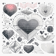 Fototapete - Vector set of retro futuristic shapes, icons and grids in black color. Geometric wireframe elements, 3d hearts and abstract waves. Trendy y2k rave design. Cyberpunk poster collection