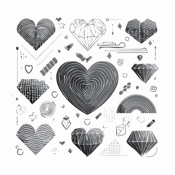 Vector set of retro futuristic shapes, icons and grids in black color. Geometric wireframe elements, 3d hearts and abstract waves. Trendy y2k rave design. Cyberpunk poster collection