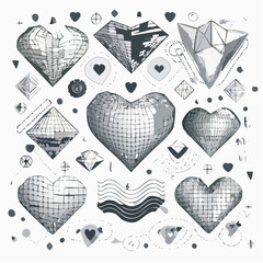 Fototapete - Vector set of retro futuristic shapes, icons and grids in black color. Geometric wireframe elements, 3d hearts and abstract waves. Trendy y2k rave design. Cyberpunk poster collection