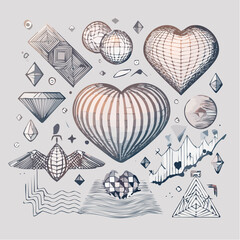 Fototapete - Vector set of retro futuristic shapes, icons and grids in black color. Geometric wireframe elements, 3d hearts and abstract waves. Trendy y2k rave design. Cyberpunk poster collection