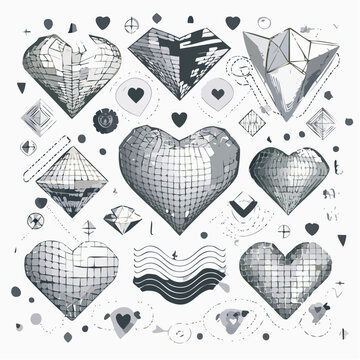 Vector set of retro futuristic shapes, icons and grids in black color. Geometric wireframe elements, 3d hearts and abstract waves. Trendy y2k rave design. Cyberpunk poster collection