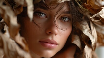 Poster - Young woman surrounded by autumn leaves in a close-up portrait showcasing natural beauty during a serene moment
