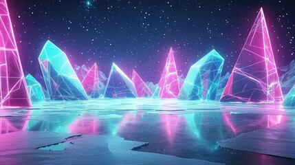 Poster - Futuristic ice landscape with neon crystals digital art night sky ethereal atmosphere surreal viewpoint