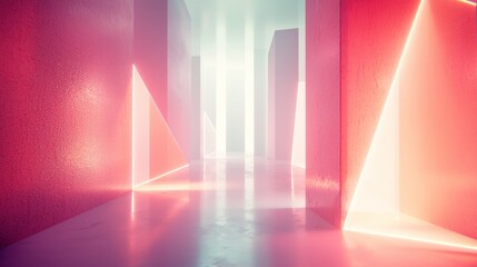 Poster - Neon Glowing Triangles in Abstract Corridor