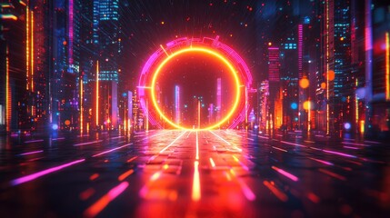 Leinwandbilder - Futuristic neon portal cyber cityscape digital art urban environment aerial view sci-fi concept
