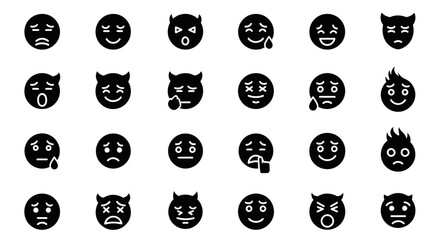 Poster - Set of Vector Icons Collection of Black Round Emoji Icons with Various Expressions and Styles. Vector Illustrations. EPS Editable