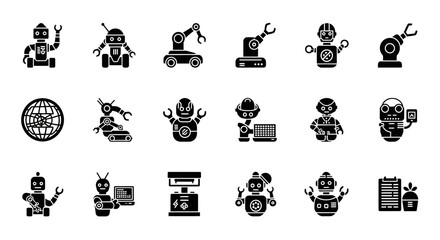 Poster - Set of Vector Icons Collection of Black Robot Icons Depicting Various Designs and Functions. Vector Illustrations. EPS Editable