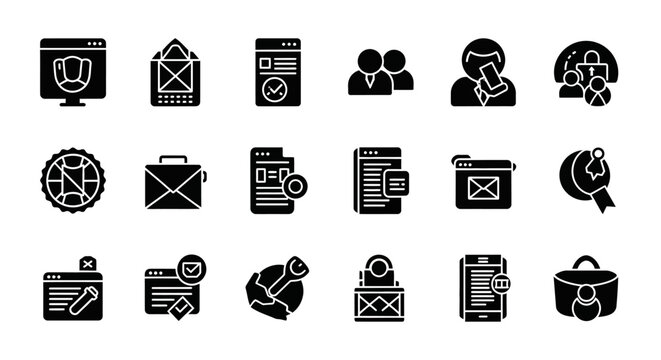 Set of Vector Icons Collection of Black Glyph Icons Web Mail Security and Business. Vector Illustrations. EPS Editable