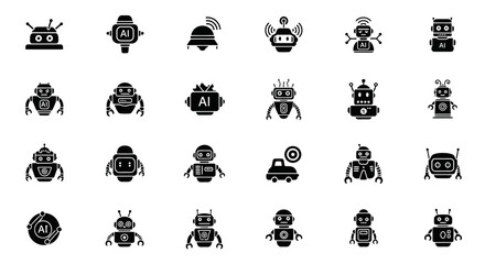 Poster - Set of Vector Icons Collection of Black Silhouette Robot Icons with AI Symbolism and Various Designs. Vector Illustrations. EPS Editable
