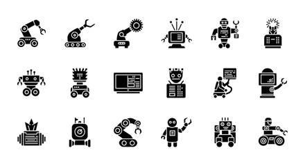 Poster - Set of Vector Icons Collection of Black Silhouette Robot Icons with Various Designs and Features. Vector Illustrations. EPS Editable