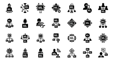 Poster - Set of Vector Icons Collection of Machine Learning ML Icons with Various Representations. Vector Illustrations. EPS Editable