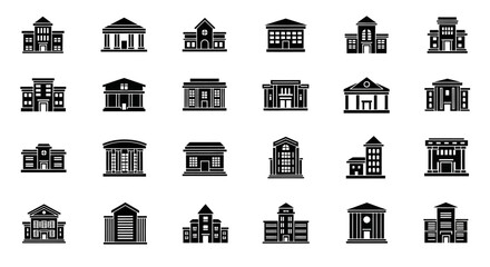 Poster - Set of Vector Icons Collection of TwentyFour Black Silhouettes of Diverse Building Facades. Vector Illustrations. EPS Editable