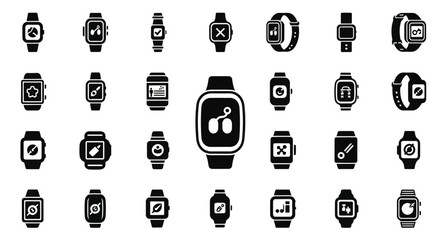 Poster - Set of Vector Icons Smartwatch Icons Black Silhouette Collection of Wearable Technology Devices. Vector Illustrations. EPS Editable